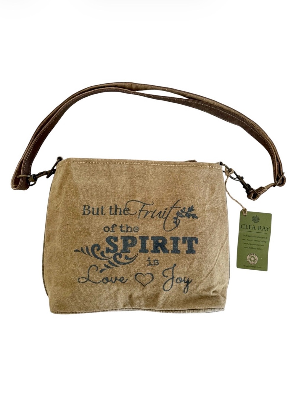 Clea Ray “Fruit of the Spirit “ Upcycled Tan Canvas Crossbody Shoulder Bag NWT